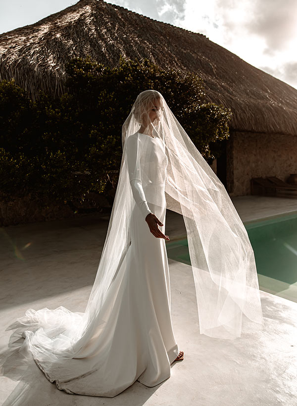 Elastic Satin Long Sleeves Mermaid Fitted Wedding Dress-Showprettydress