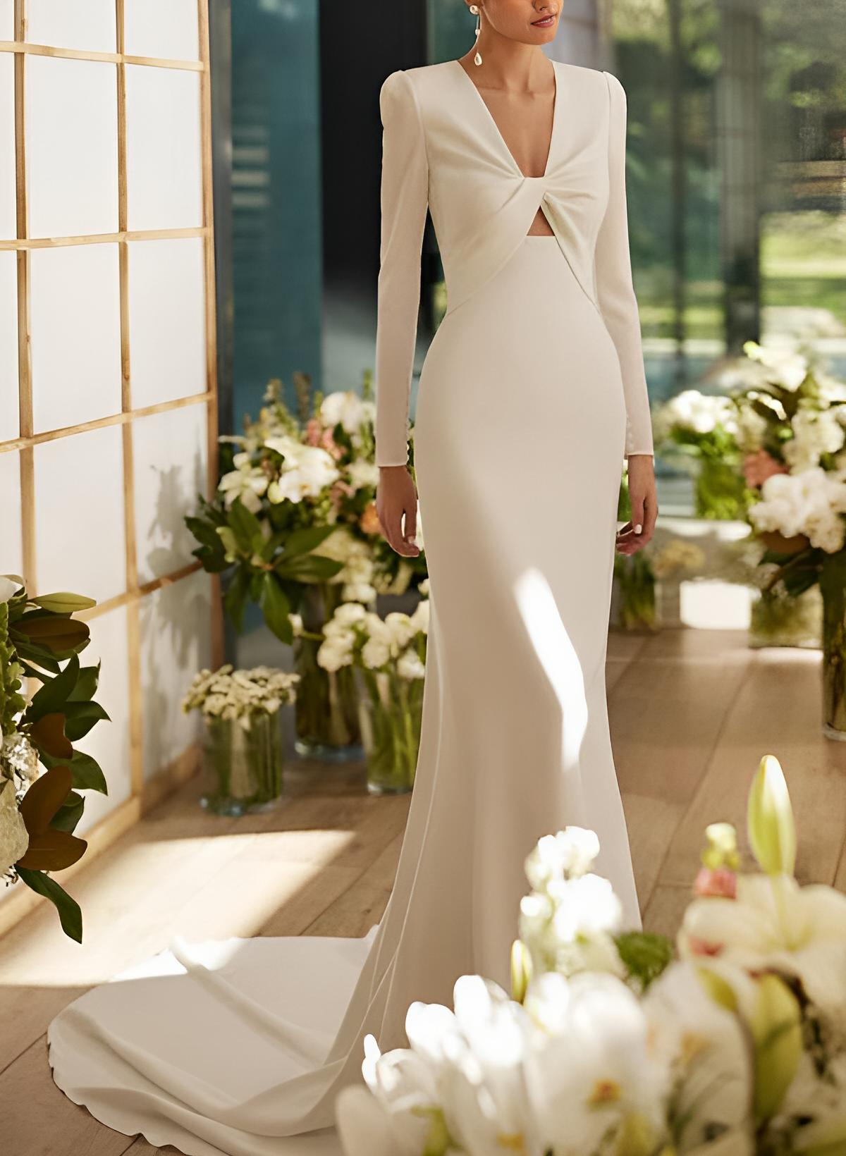 Elastic Satin Mermaid Fitted Wedding Dresses Long Sleeves Court Train-Showprettydress