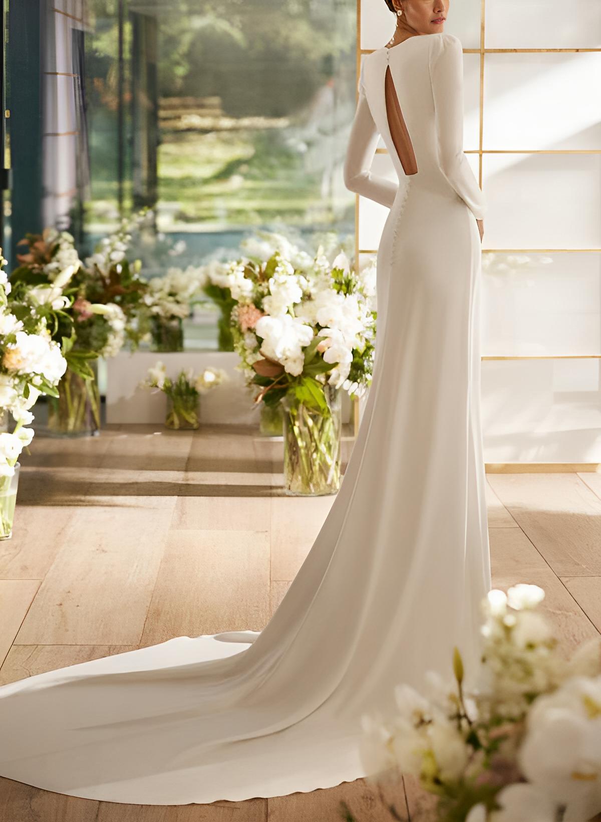 Elastic Satin Mermaid Fitted Wedding Dresses Long Sleeves Court Train-Showprettydress