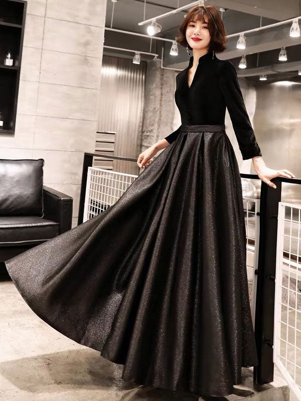 Eleagnt Black Evening Dresses Long V Neck Velvet Satin Patchwork Maxi Dresses-showprettydress