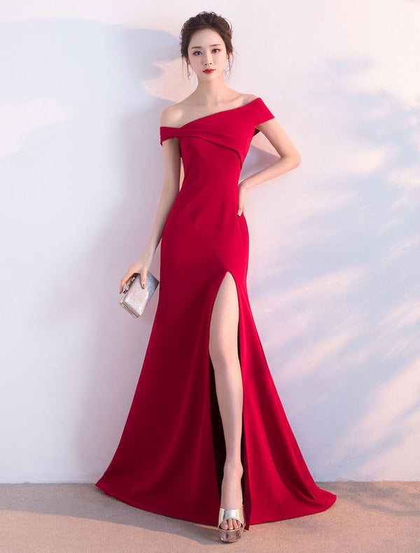 Eleagnt Burgundy Evening Dresses Off The Shoulder Formal Dress Sexy High Split Elastic Silk Like Satin Party Dress wedding guest dress-showprettydress