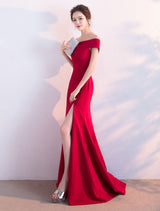 Eleagnt Burgundy Evening Dresses Off The Shoulder Formal Dress Sexy High Split Elastic Silk Like Satin Party Dress wedding guest dress-showprettydress