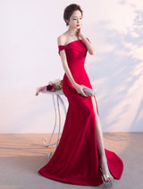 Eleagnt Burgundy Evening Dresses Off The Shoulder Formal Dress Sexy High Split Elastic Silk Like Satin Party Dress wedding guest dress-showprettydress