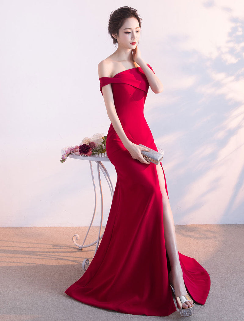 Eleagnt Burgundy Evening Dresses Off The Shoulder Formal Dress Sexy High Split Elastic Silk Like Satin Party Dress wedding guest dress-showprettydress