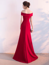 Eleagnt Burgundy Evening Dresses Off The Shoulder Formal Dress Sexy High Split Elastic Silk Like Satin Party Dress wedding guest dress-showprettydress