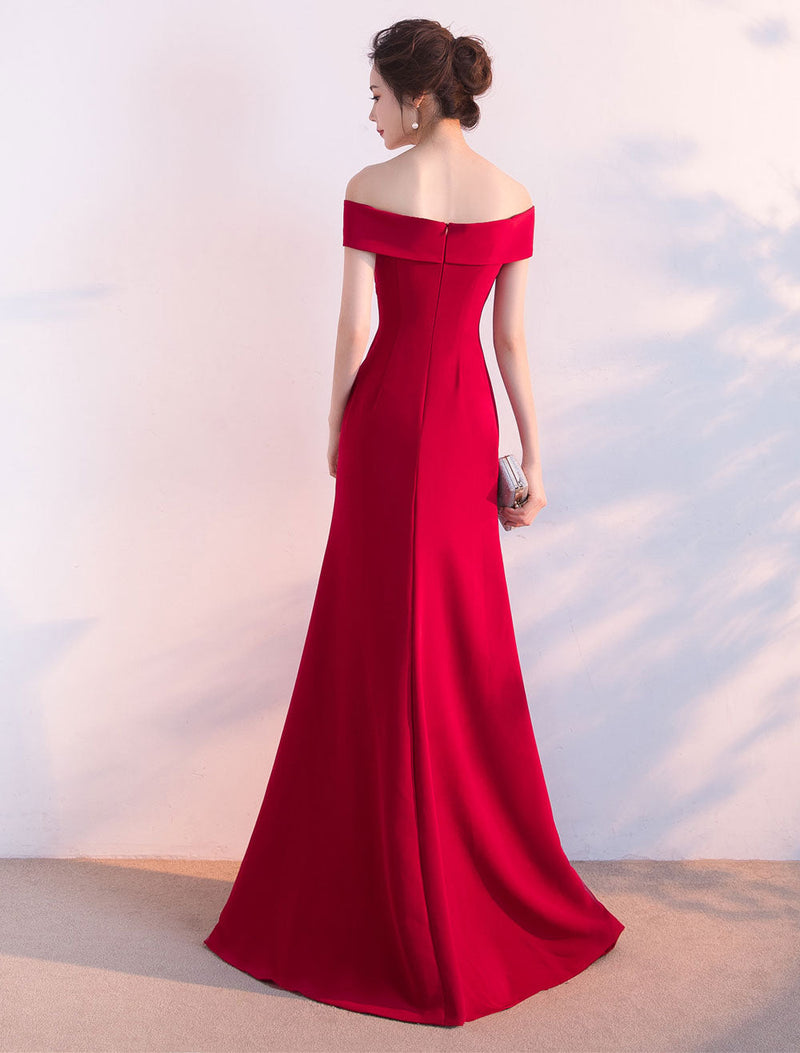 Eleagnt Burgundy Evening Dresses Off The Shoulder Formal Dress Sexy High Split Elastic Silk Like Satin Party Dress wedding guest dress-showprettydress