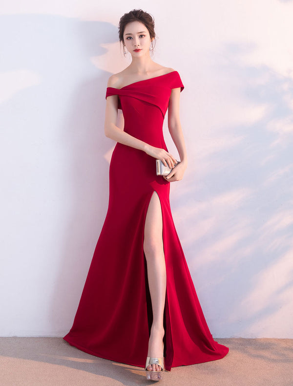 Eleagnt Burgundy Evening Dresses Off The Shoulder Formal Dress Sexy High Split Elastic Silk Like Satin Party Dress wedding guest dress-showprettydress