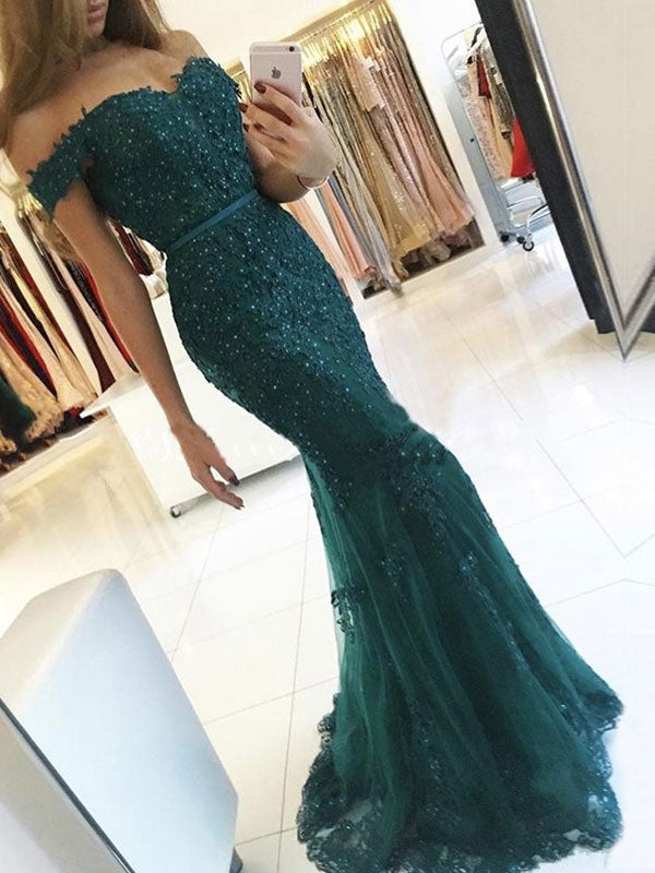 Eleagnt Evening Dress Mermaid Off The Shoulder Lace Lace Tulle Formal Party Dresses-showprettydress