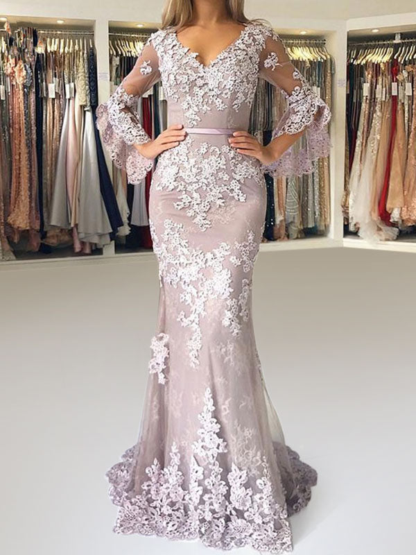 Eleagnt Evening Dress Mermaid V Neck Long Sleeves Zipper Lace Satin Fabric Formal Party Dresses With Train-showprettydress