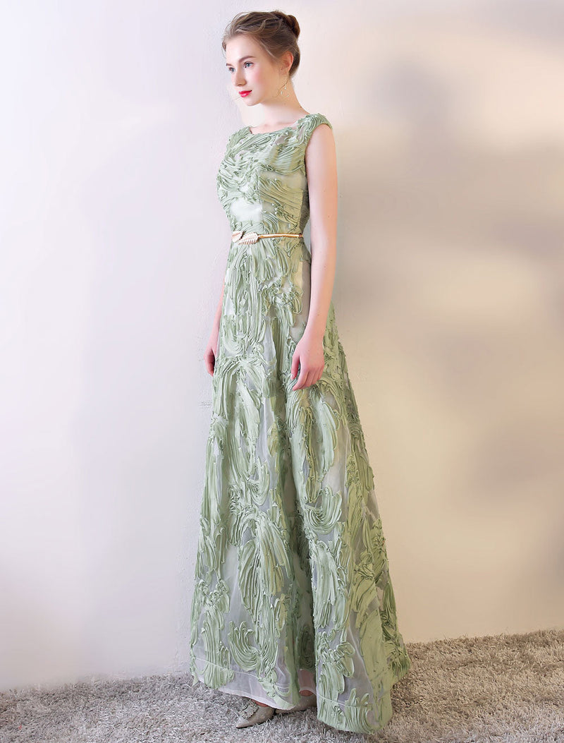 Eleagnt Evening Dresses Long Sage Green Embossment Fabric Texture Sleeveless A Line Floor Length With Sash Wedding Guest Dress-showprettydress