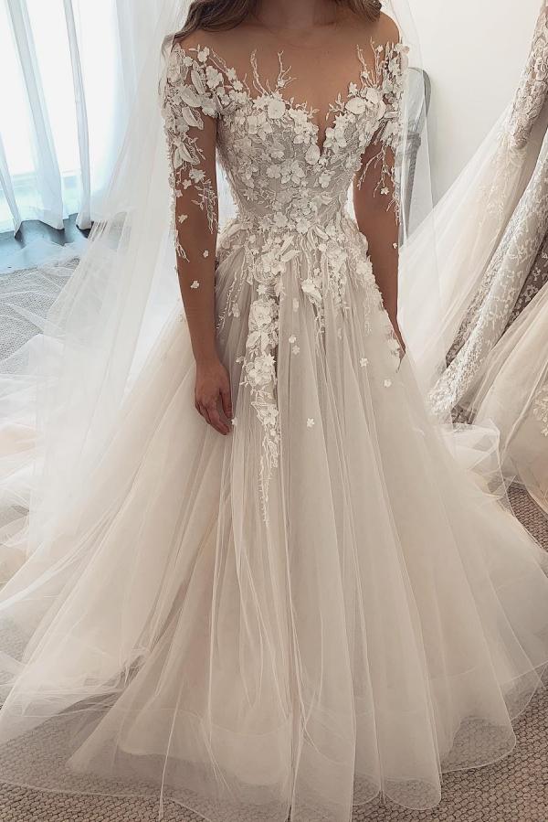 Elegant A-Line Sweetheart Long Sleeve Appliques Lace Tulle Wedding Dress-showprettydress
