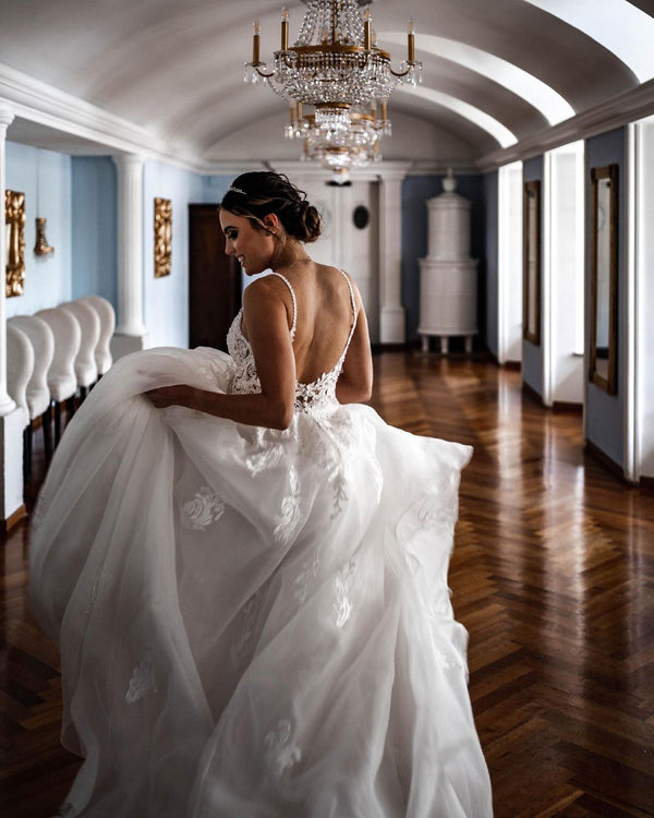 Elegant A-line V-neck Lace Tulle Spaghetti Strap Wedding Dress-showprettydress