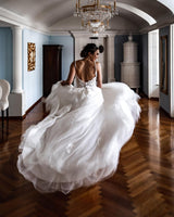 Elegant A-line V-neck Lace Tulle Spaghetti Strap Wedding Dress-showprettydress