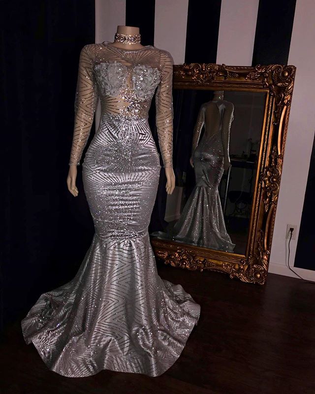 Elegant Appliques Sheer Tulle Prom Dresses Sliver Long Sleevess Mermaid Evening Gowns-showprettydress