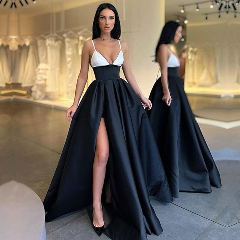 Elegant Black and White Long A-line Spaghetti Straps Prom Dress With Slit-showprettydress