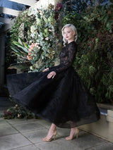 Elegant Black Bateau Appliques Lace Short Wedding Dress with Sleeves-showprettydress