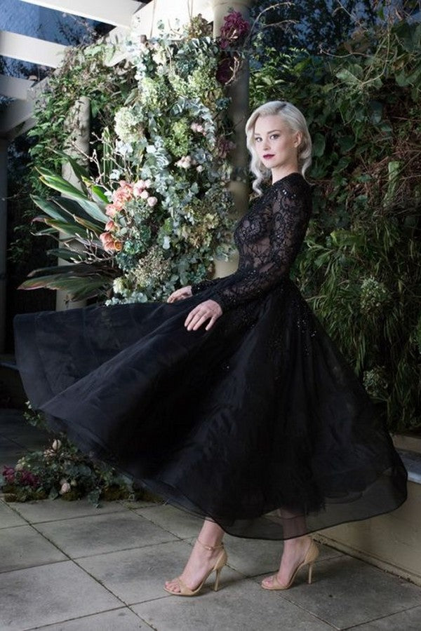 Elegant Black Bateau Appliques Lace Short Wedding Dress with Sleeves-showprettydress