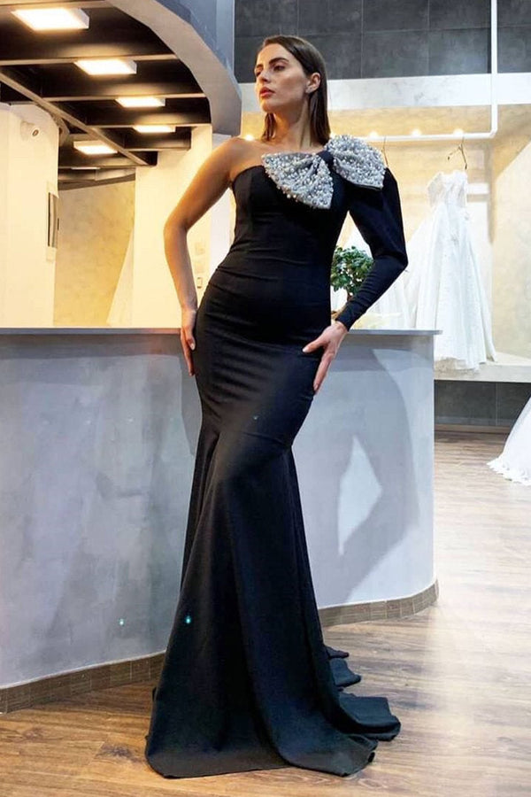 Elegant Black Chiffon Mermaid Prom Dress Bow One Shoulder With Long Sleeve On One Side-showprettydress