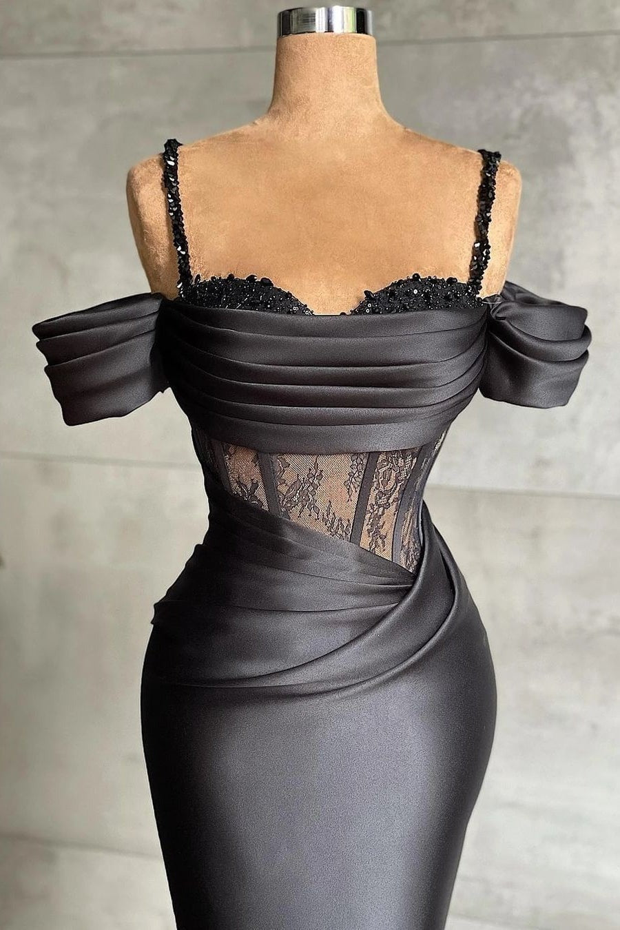 Elegant Black Long Mermaid Off-the-shoulder Satin Beads Prom Dresses-showprettydress