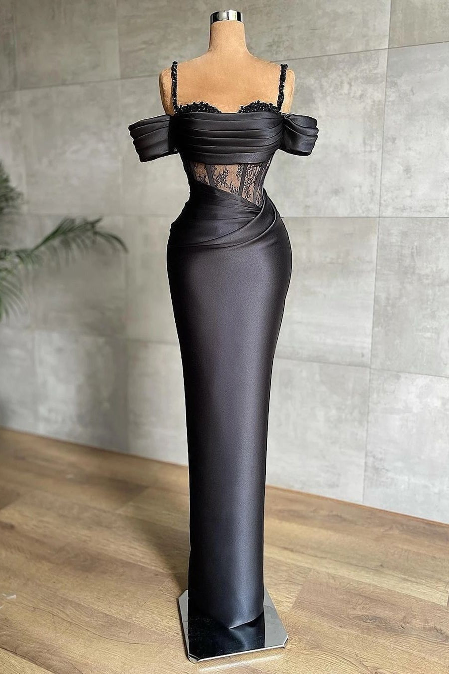 Elegant Black Long Mermaid Off-the-shoulder Satin Beads Prom Dresses-showprettydress