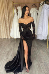 Elegant Black Long Sleeves Mermaid Off-the-shoulder Lace Prom Dress With Slit-showprettydress