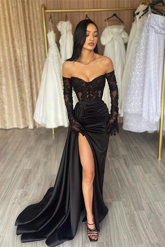 Elegant Black Long Sleeves Mermaid Off-the-shoulder Lace Prom Dress With Slit-showprettydress