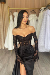 Elegant Black Long Sleeves Mermaid Off-the-shoulder Lace Prom Dress With Slit-showprettydress