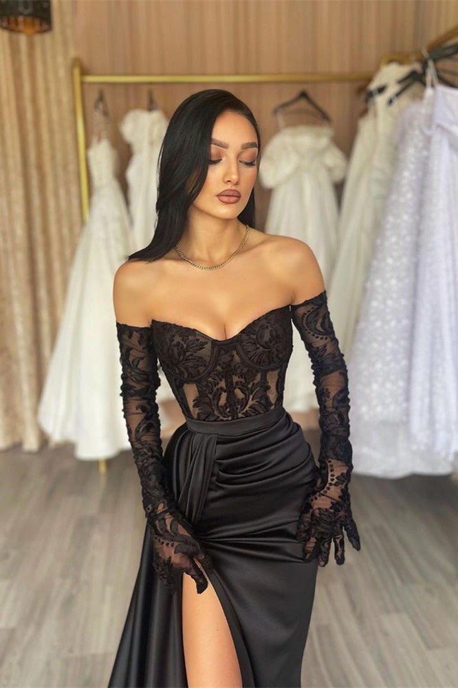 Elegant Black Long Sleeves Mermaid Off-the-shoulder Lace Prom Dress With Slit-showprettydress