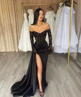 Elegant Black Long Sleeves Mermaid Off-the-shoulder Lace Prom Dress With Slit-showprettydress
