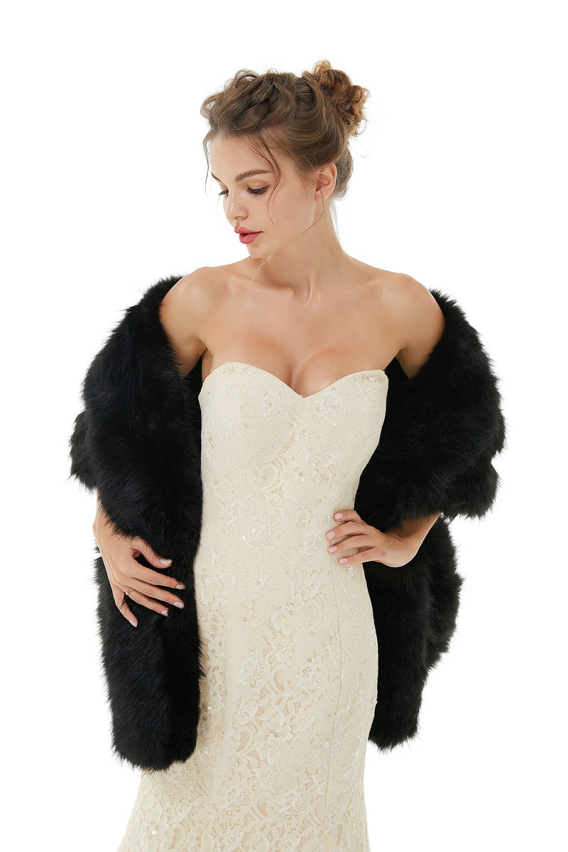 Elegant Black Stripe Faux Fur Wedding Shawl For Bride-showprettydress
