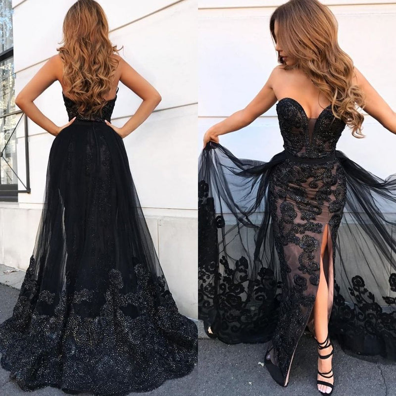 Elegant Black Sweetheart Prom Dresses On Sale Shining Beaded Side Slit Overskirt Evening Dress-showprettydress