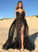 Elegant Black Sweetheart Prom Dresses On Sale Shining Beaded Side Slit Overskirt Evening Dress-showprettydress
