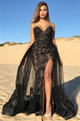 Elegant Black Sweetheart Prom Dresses On Sale Shining Beaded Side Slit Overskirt Evening Dress-showprettydress