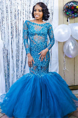 Elegant Blue Long Sleevess Lace Prom Dresses Affordable Wholesale Fit and Flare Open Back Evening Dresses-showprettydress