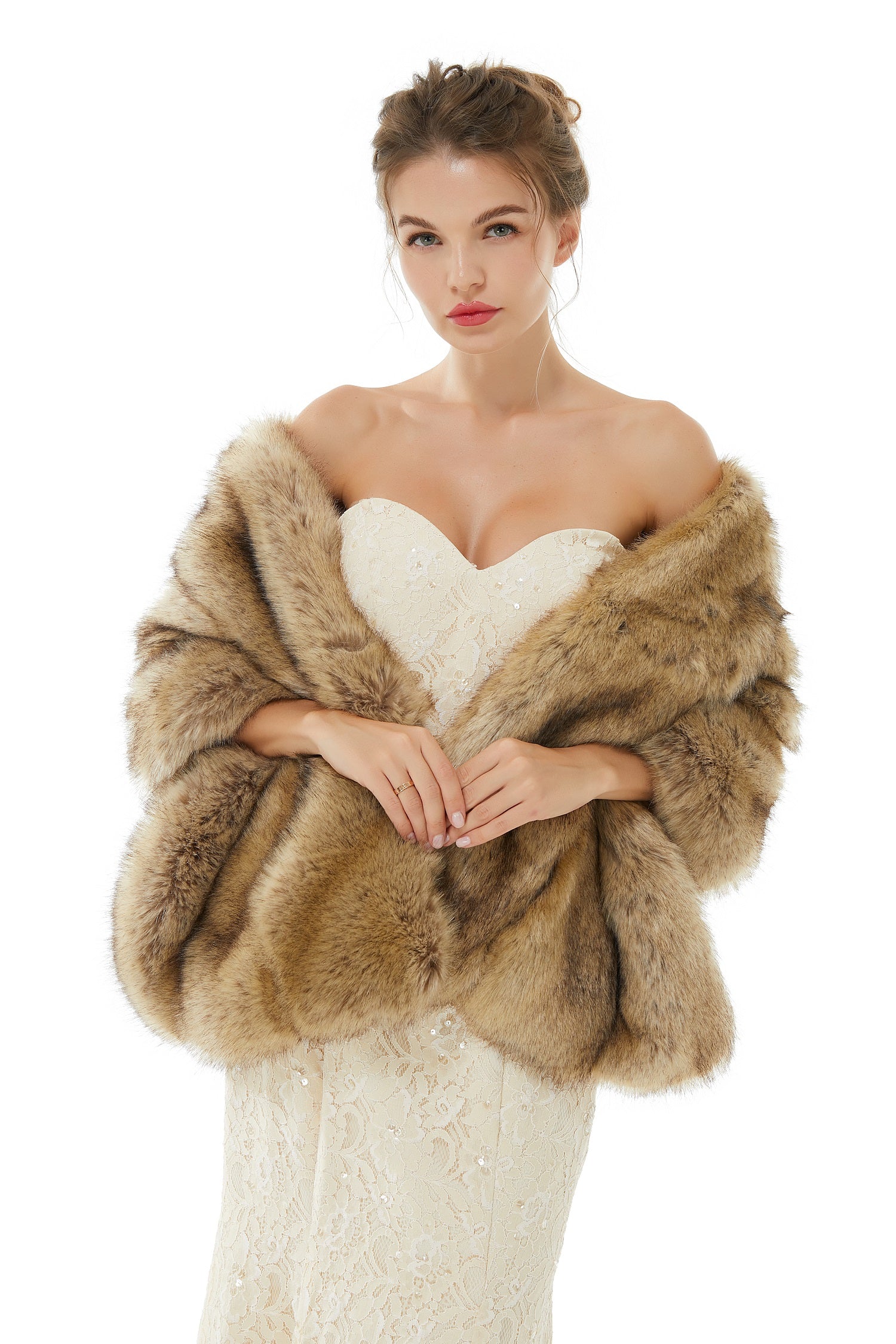 Elegant Brown Faux Fur Wedding Shawl For Bride-showprettydress