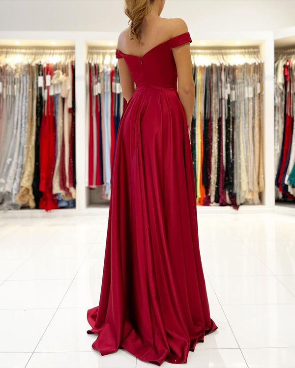 Elegant Burgundy Long A-line Off-the-Shoulder Satin Prom Dress With Split-showprettydress