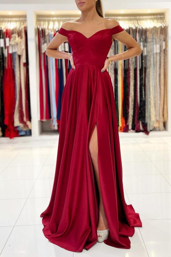 Elegant Burgundy Long A-line Off-the-Shoulder Satin Prom Dress With Split-showprettydress