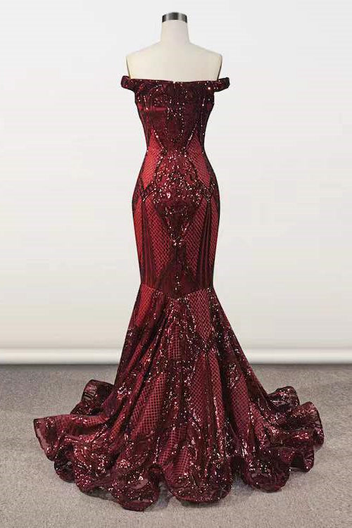 Elegant Burgundy Off-the-shoulder Mermaid Prom Dresses-showprettydress