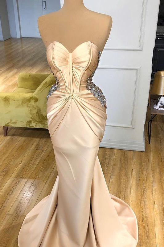 Elegant Champagne Long Mermaid Sweetheart Prom Dress With Crystals-showprettydress