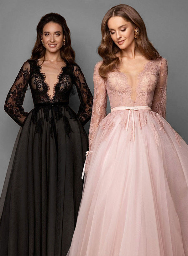 Elegant Chic A-line V-Neck Long Sleeves Lace Tulle Sweep Train Wedding Dresses Featuring Lace-Showprettydress