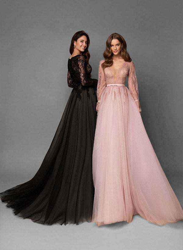 Elegant Chic A-line V-Neck Long Sleeves Lace Tulle Sweep Train Wedding Dresses Featuring Lace-Showprettydress