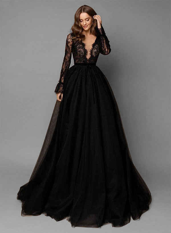 Elegant Chic A-line V-Neck Long Sleeves Lace Tulle Sweep Train Wedding Dresses Featuring Lace-Showprettydress
