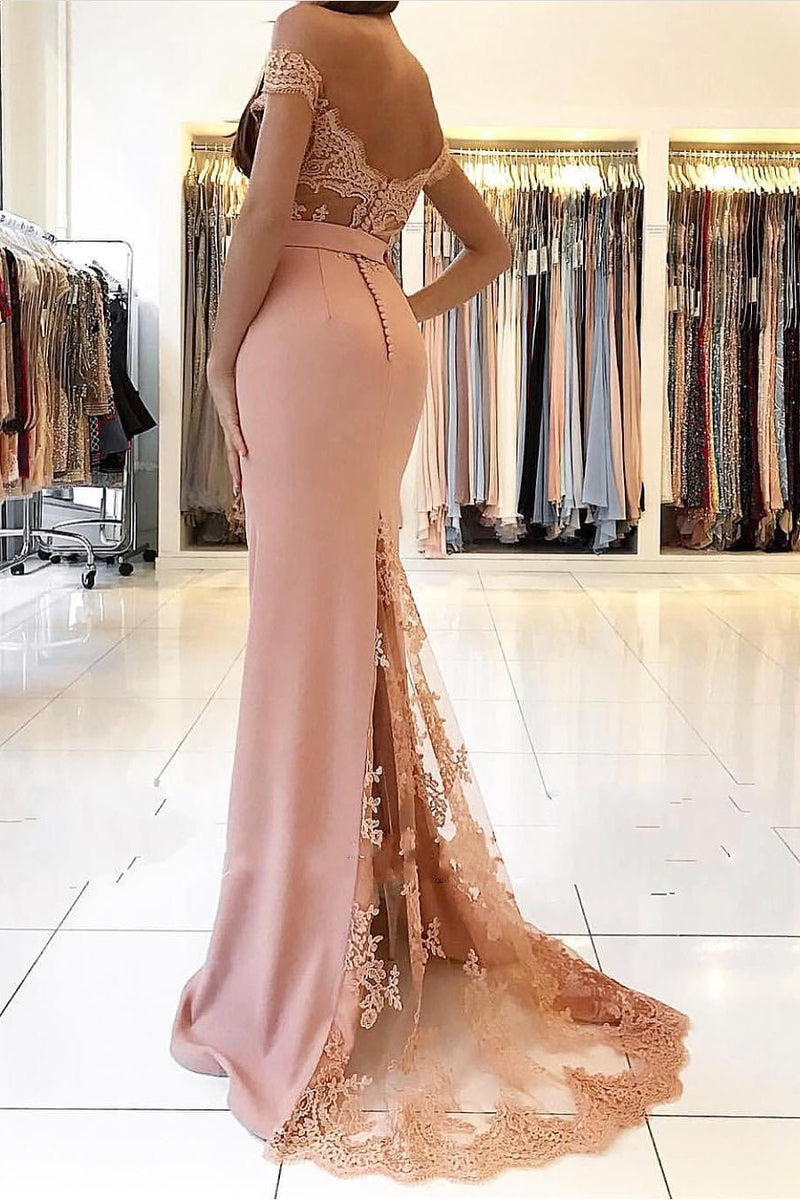 Elegant Chiffon Off-the-shoulder Lace Evening Dress Long Black Or Pink-showprettydress