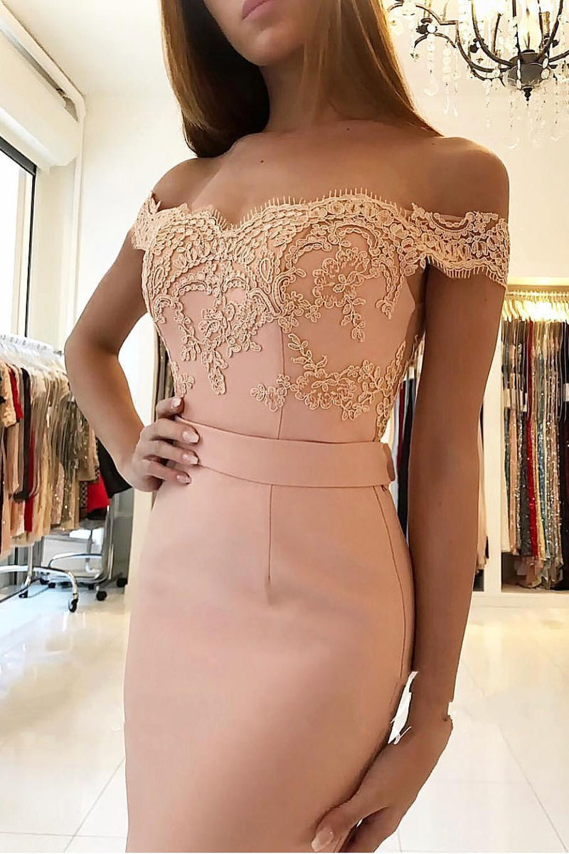 Elegant Chiffon Off-the-shoulder Lace Evening Dress Long Black Or Pink-showprettydress