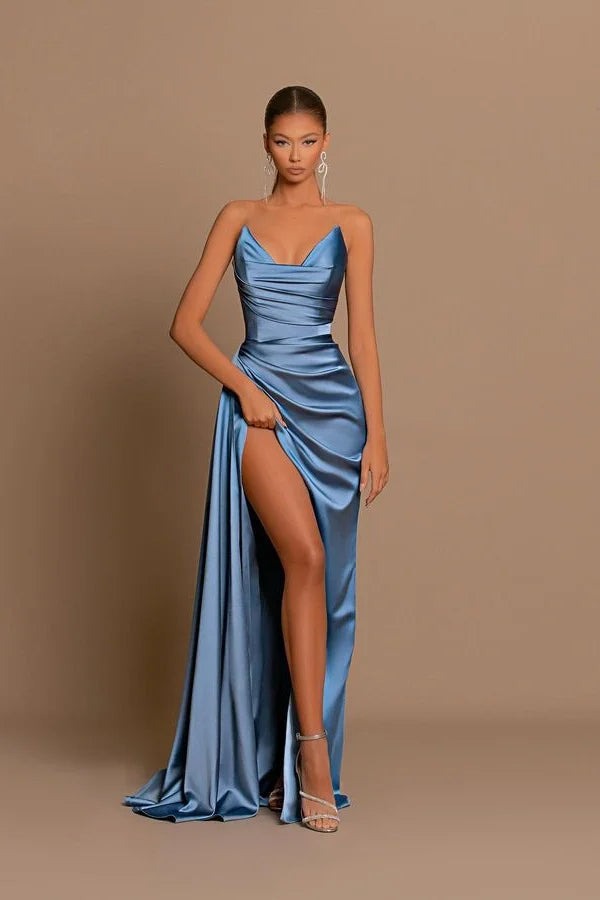 Elegant Dusty Blue Long Mermaid Sleeveless Satin Prom Dress With Slit-showprettydress