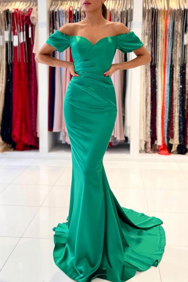 Elegant Green Long Mermaid Off-the-Shoulder Evening Prom Dress-showprettydress