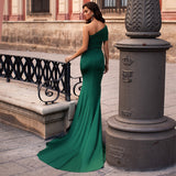 Elegant Green Mermaid One Shoulder Prom Dress Long Evening Gowns With Slit-showprettydress