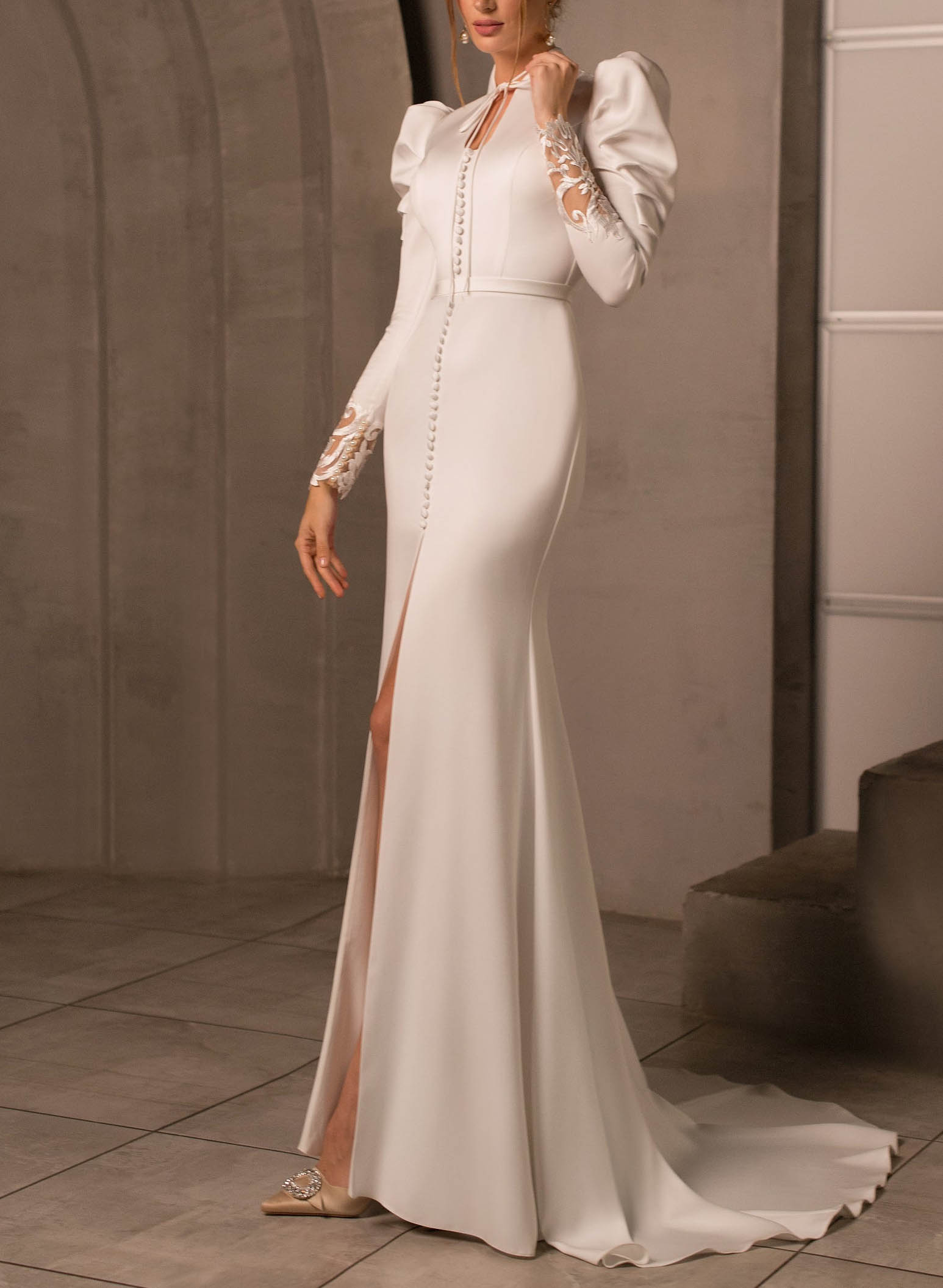 Elegant High Neck Long Sleeves Lace Back Wedding Dresses-Showprettydress