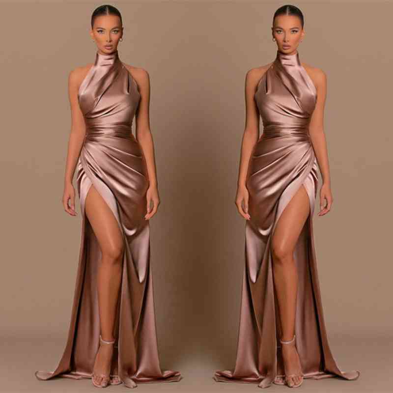 Elegant High Neck Sleeveless Prom Dresses Mermaid Long Split-Showprettydress