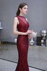 Elegant Illusion neck Burgundy Sleeveless Mermaid Prom Party Gowns-showprettydress